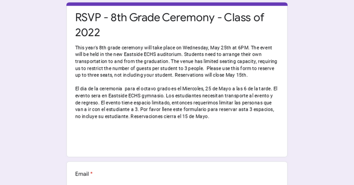 RSVP - 8th Grade Ceremony - Class of 2022