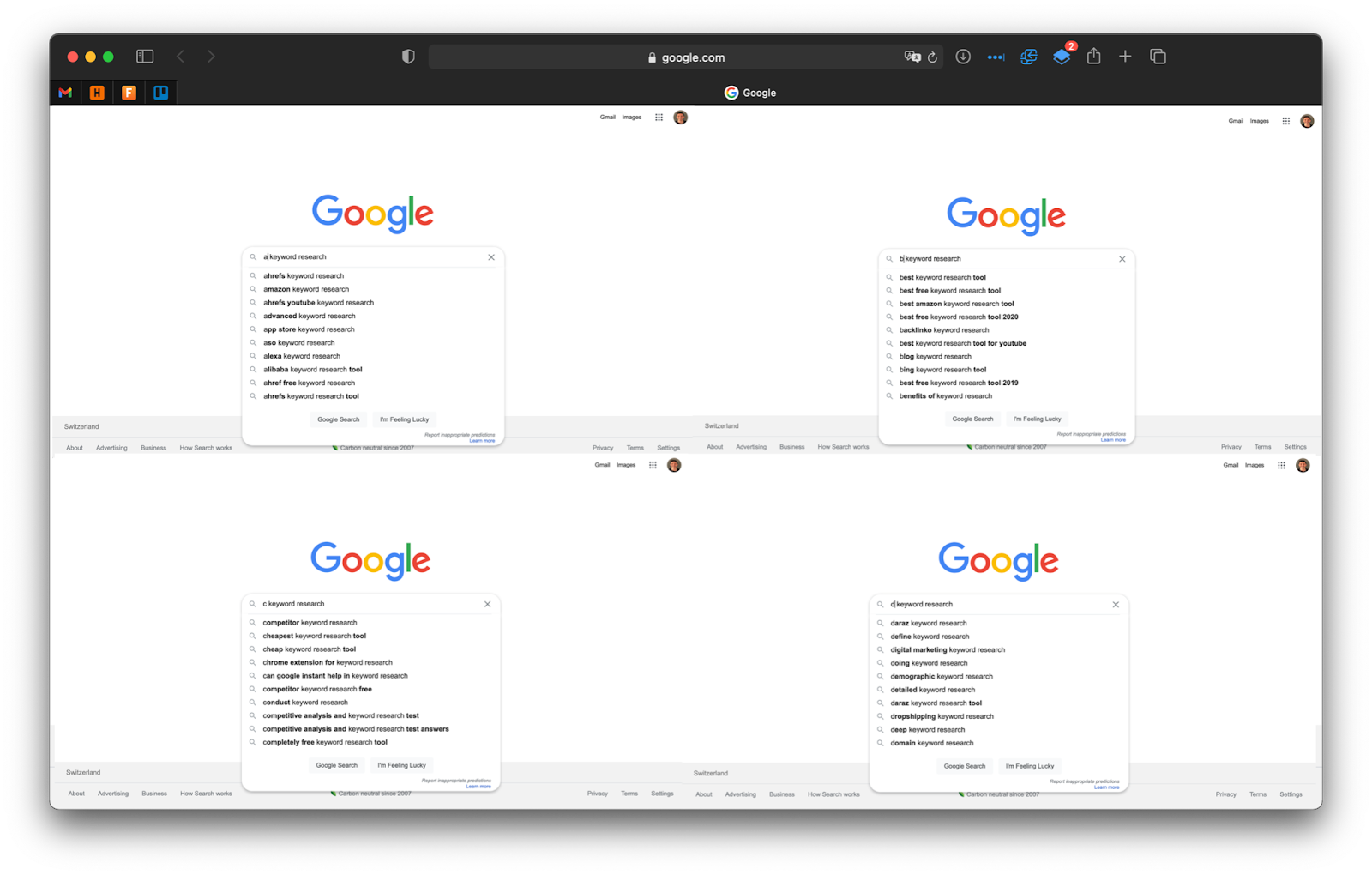 A split-screen screenshot of Google's auto complete with the phrase "keyword research" and one letter of the alphabet in front of the phrase.
