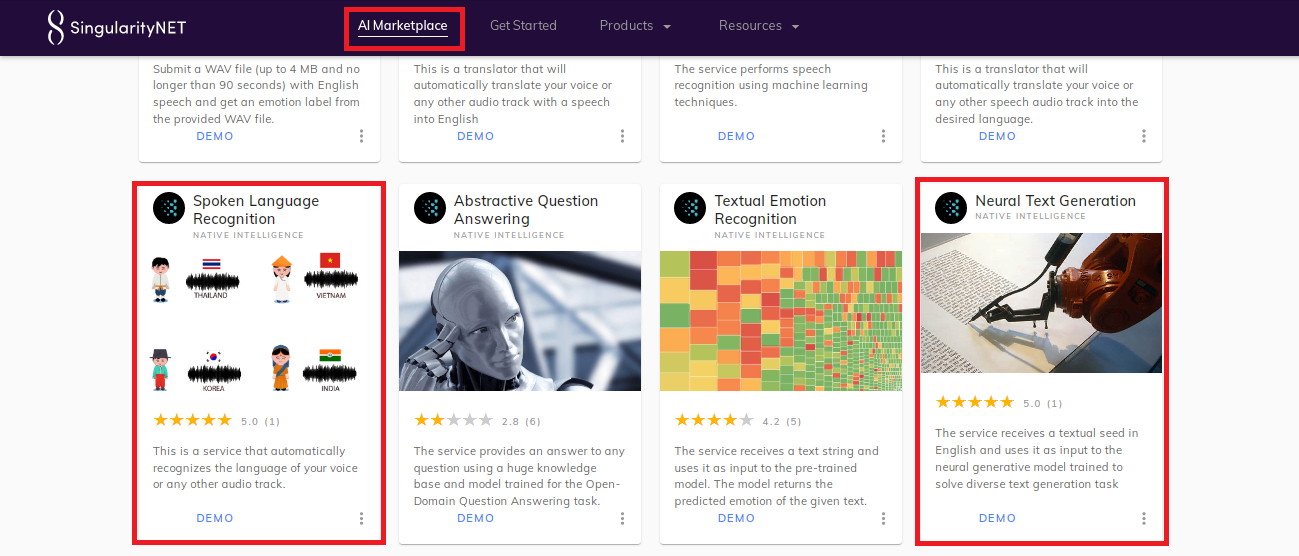 Скриншот AI marketplace от SingularityNET 