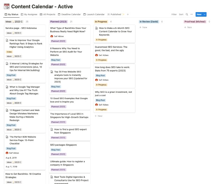SEO content calendar plan example from Notion 