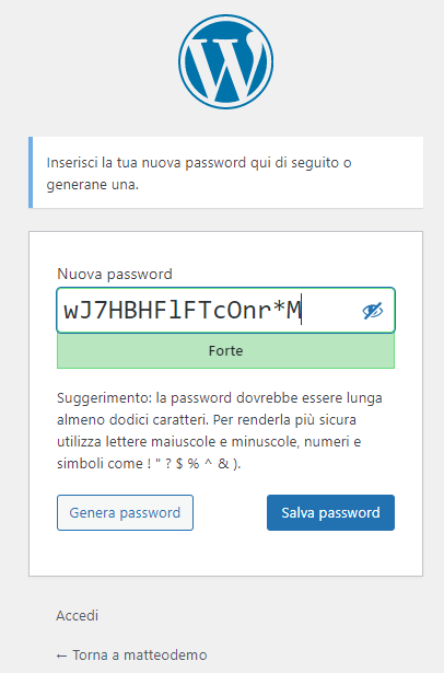 Pagina di reimpostazione password