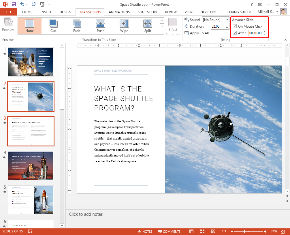 PowerPoint -> TRANSITIONS -> Advance Slide, After 10 seconds.