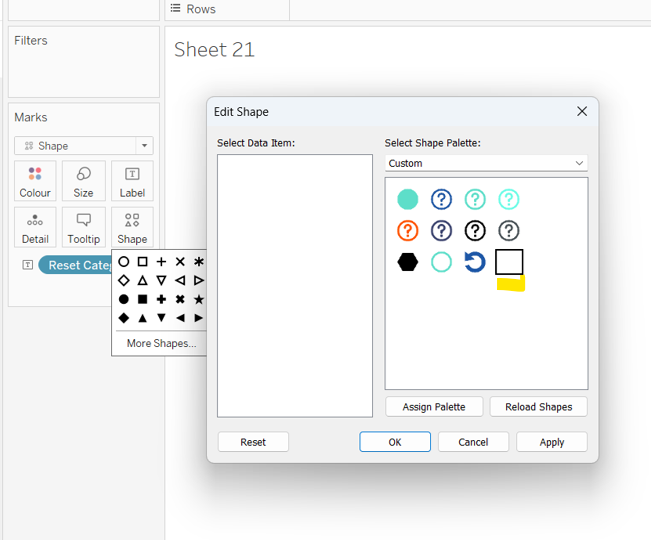 selecting a transparent shape from the shapes palette in Tableau