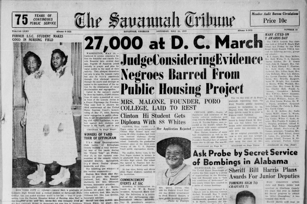 The headline of the May 25, 1957 issue of the Savannah Tribune which detailed the March on Washington for Jobs and Freedom.