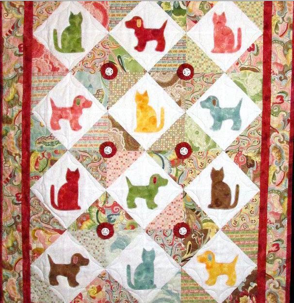 Colorful Patterned Cat and Dog Quilt 