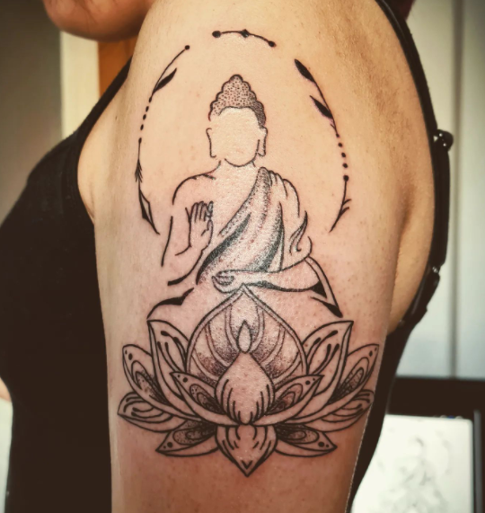 Grey Lotus Flower With Buddha Tattoo Design