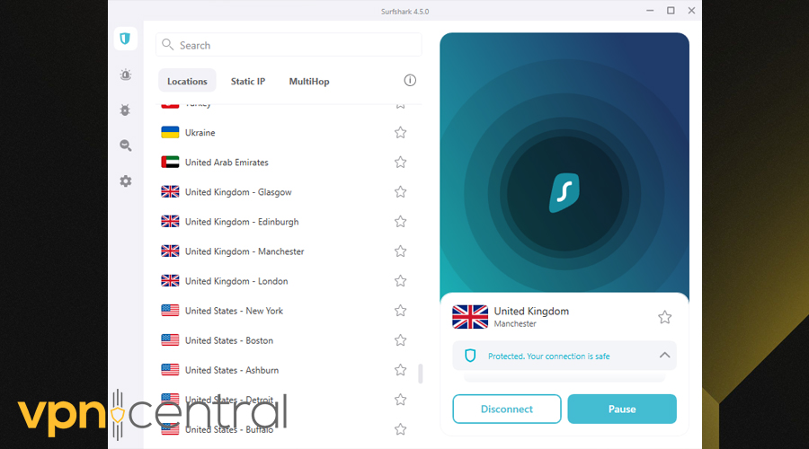 Surfshark connected to a server in the UK