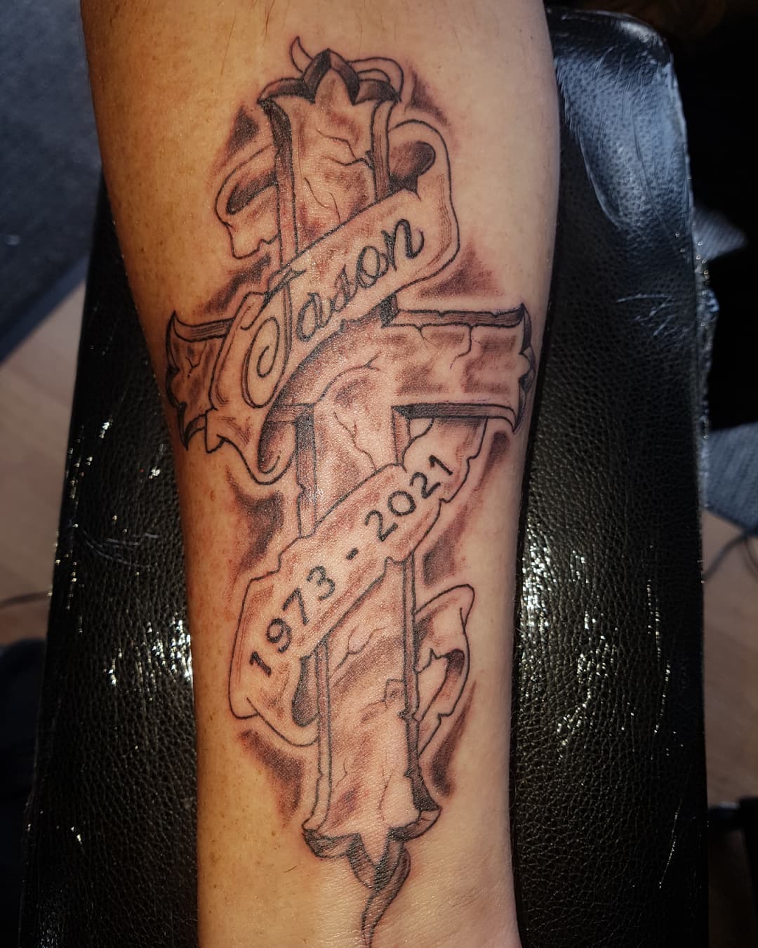 Memorial Cross Tattoo with Name and Date