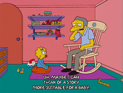 man sits on a rocking chair talking to a baby saying "uh, maybe i can think of a story more suitable for a baby" similar to story conceptualization in an animation production pipeline