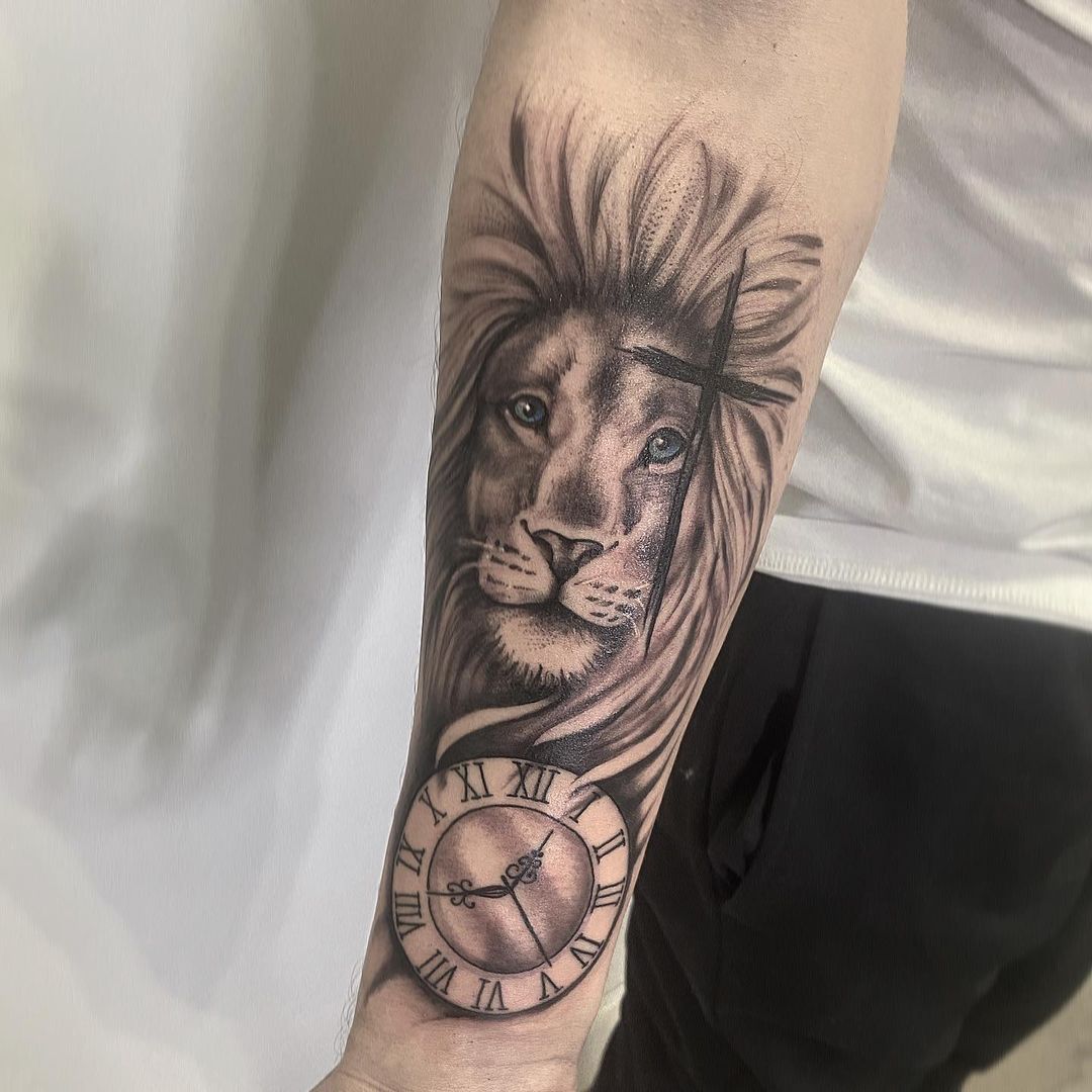 Lion & Cross Tattoo With Clock
