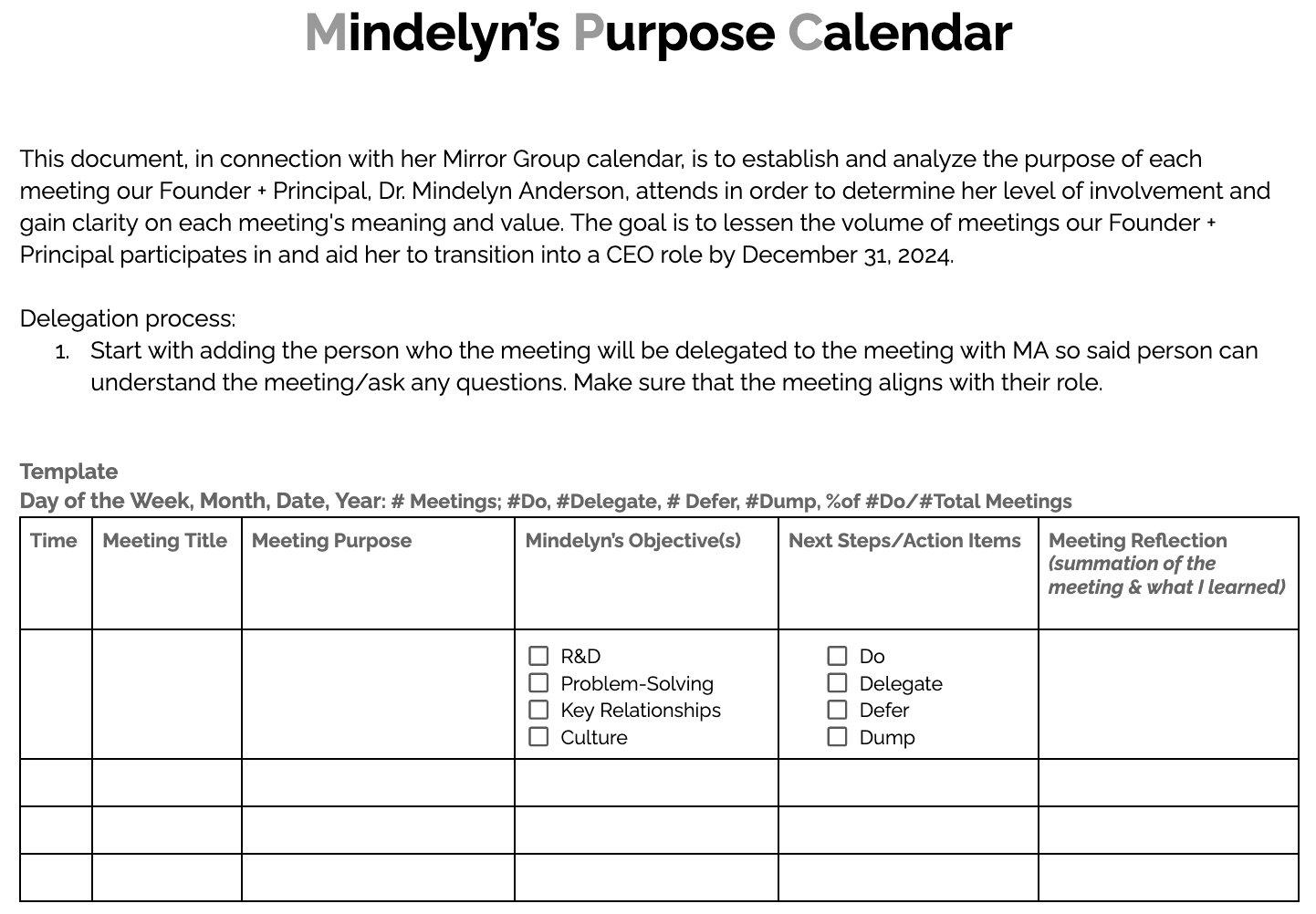 Landscape-oriented table with column headers of “Time”, “Meeting Title”, “Meeting Purpose”, “Mindelyn’s Objectives”, “Next Steps/Action Items”, and “Meeting Reflection”. 