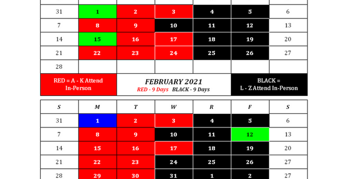 CCHS Winter 2021 Hybrid Calendar