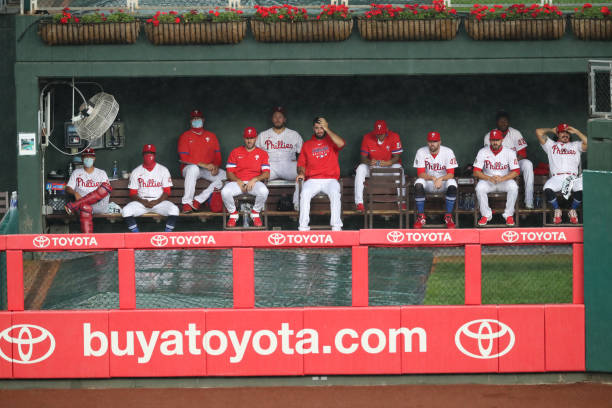 View of the Philadelphia Phillies bullpen during a game against the Atlanta Braves at Citizens Bank Park on August 29, 2020 in Philadelphia,...