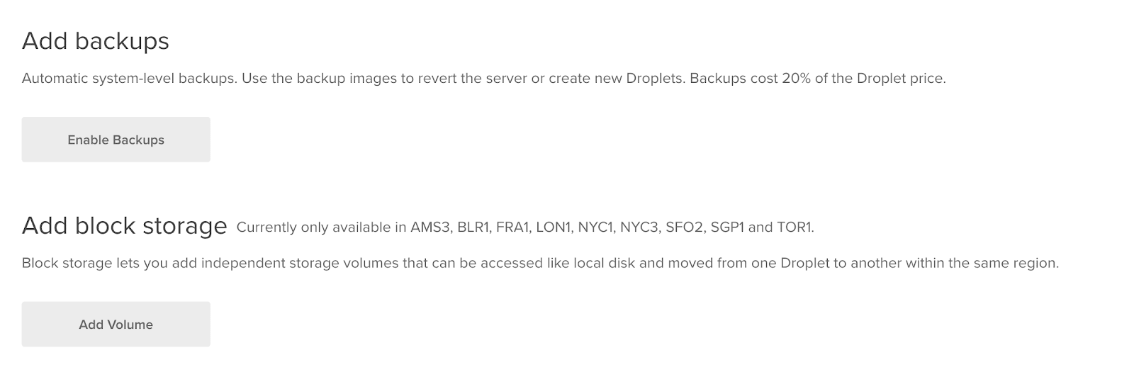 opções de backup e armazenamento em bloco