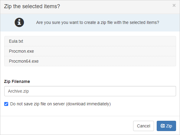 Web Client Zip Dialog with optional zip settings