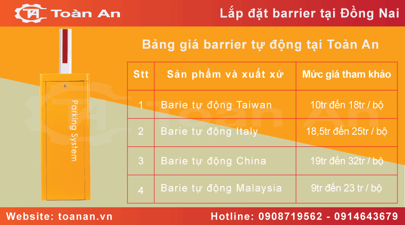 bảng giá tham khảo barrier tự động tại Toàn An.