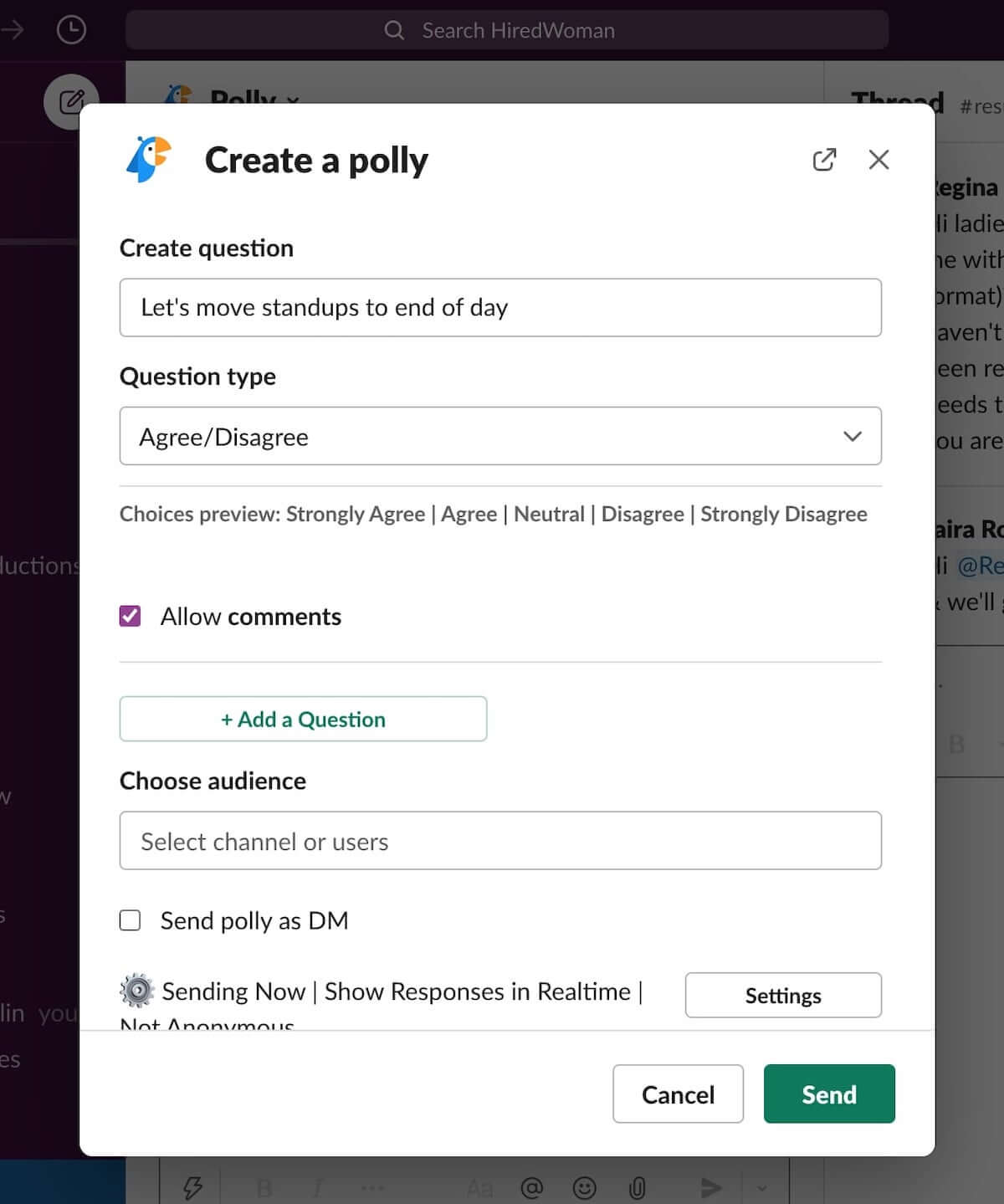 Slack poll: screenshot of Create a polly in Slack