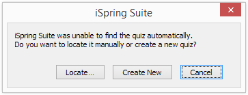 The iSpring error message shown when some quizzes cannot be found automatically.