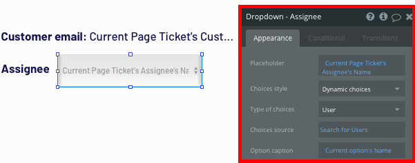 Configuring a no-code dropdown element to display a dynamic list of users