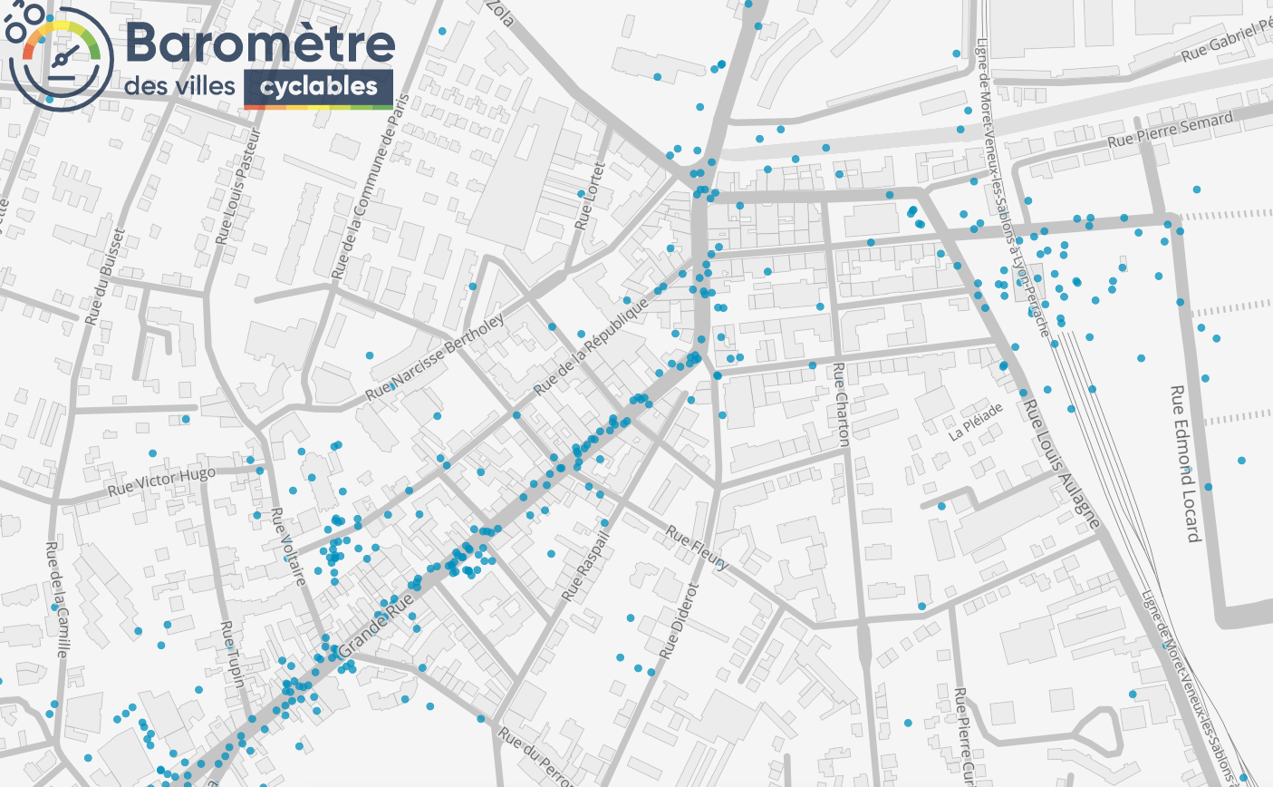 Les points manquant de stationnement vélo, relevés par le Baromètre des Villes Cyclables 2021. Grande Rue, place Anatole France, gare d'Oullins sont les secteurs les plus demandés.