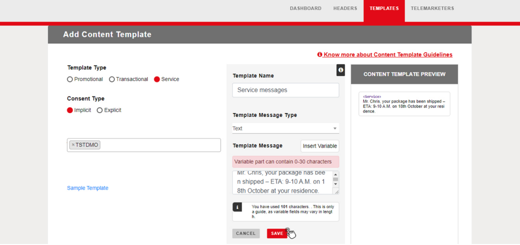 A picture showing how to add service SMS content templates on the Airtel DLT portal | SMScountry