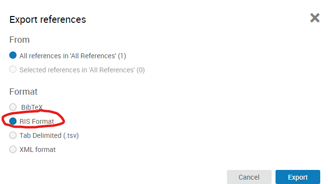 Options within Export references, "RIS Format" circled in red.