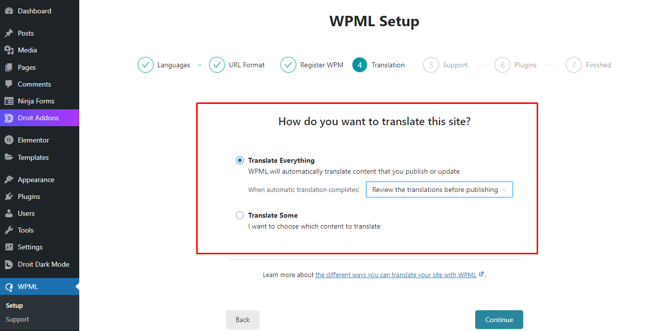 WPML setup wizard translation mode