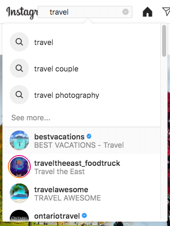 travel search results secondary Instagram account