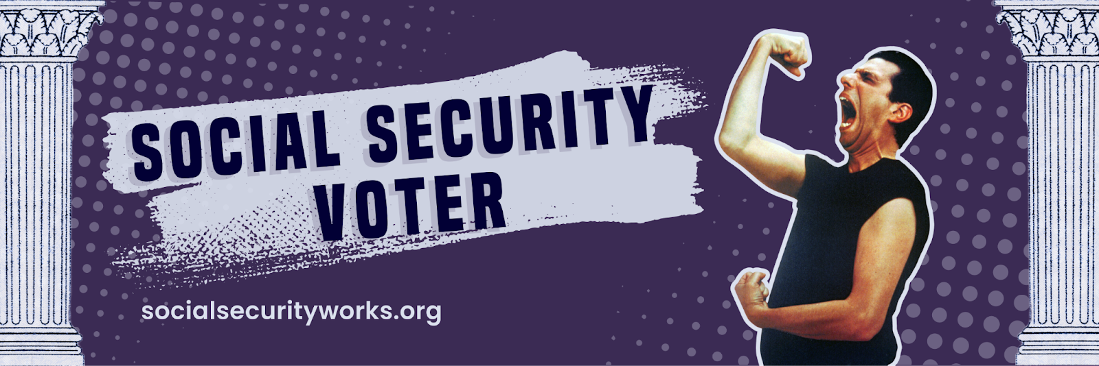 Sticker with text SOCIAL SECURITY VOTER and Bowzer flexing