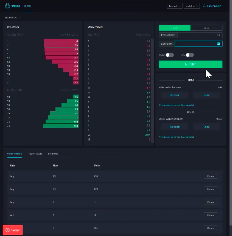 Screengrab showing the UI of Serum exchange