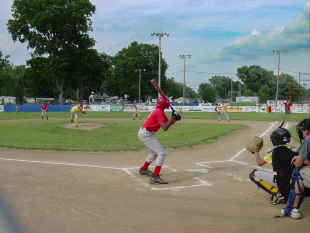 A batter waits for the pitch. 