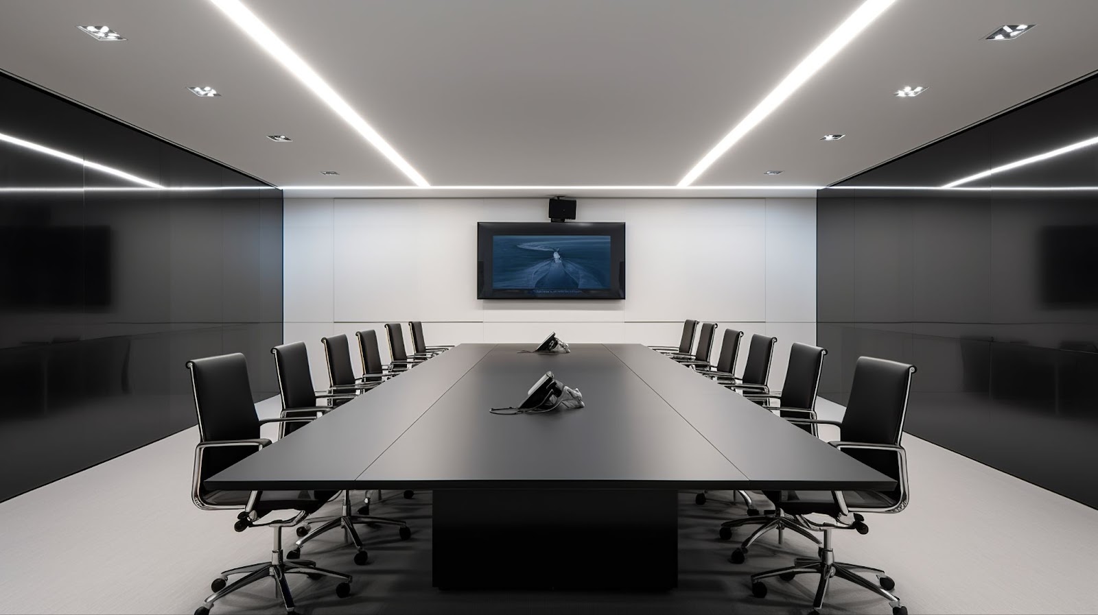 A well-lit conference room with many lights.