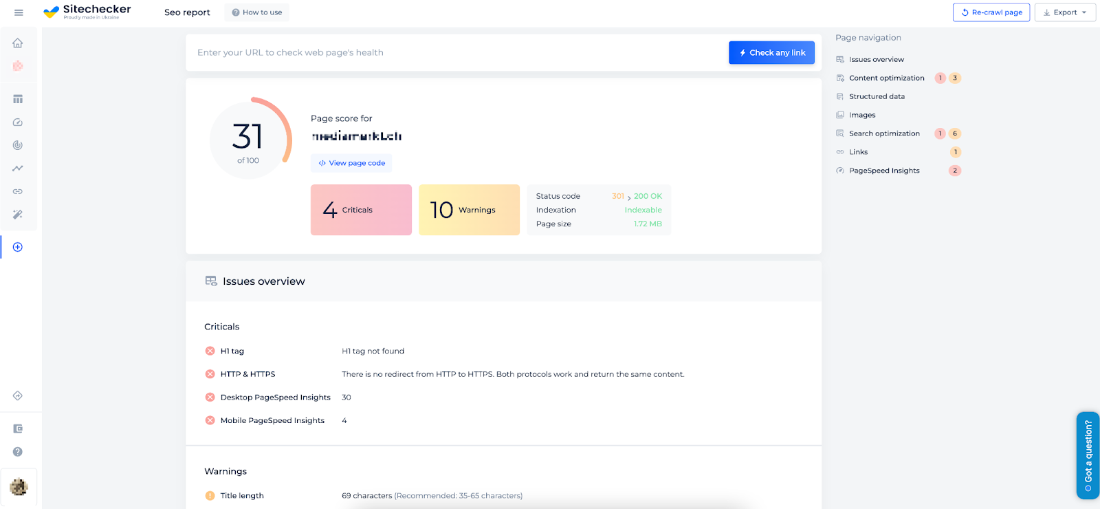 On Page Checker erlaubt die gemischte technische und OnPage-Analyse einer URL