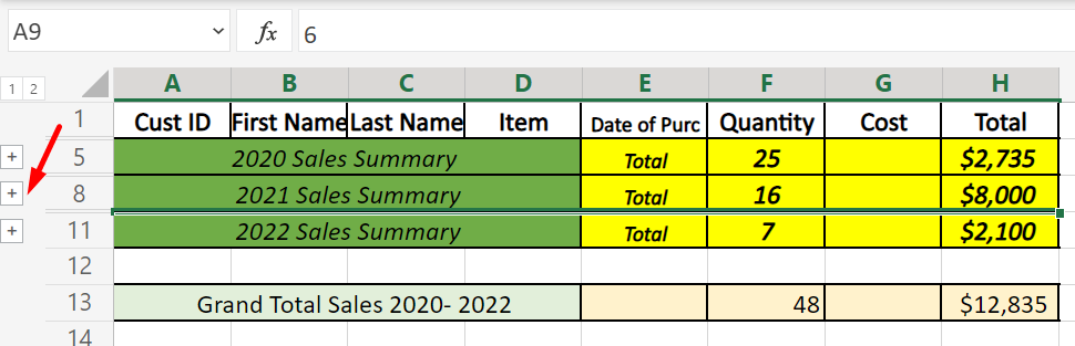 Use the + and - buttons to toggle on/off the Excel collapse feature