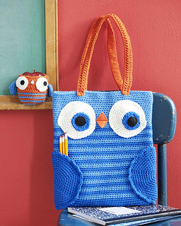 crochet book bag and apple cozy that look like owls