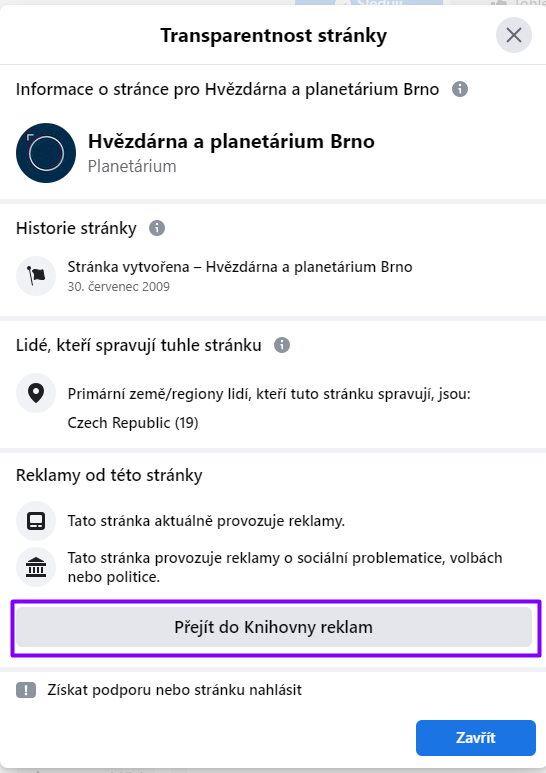 Jak se dostat do knihovny reklam přes fan page. Výstřižek vytvořen na veřejné stránce Hvězdárny a planetária v Brně 21. 2. 2022. 