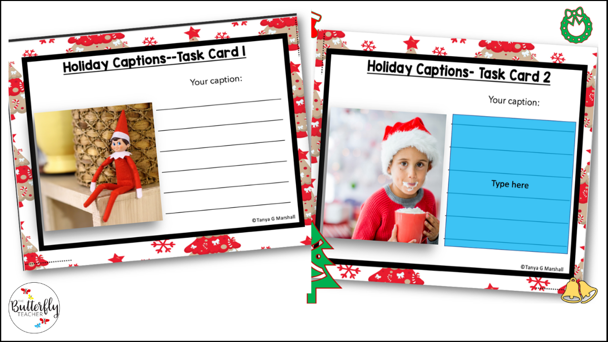 a photo of two holiday caption task card activity templates