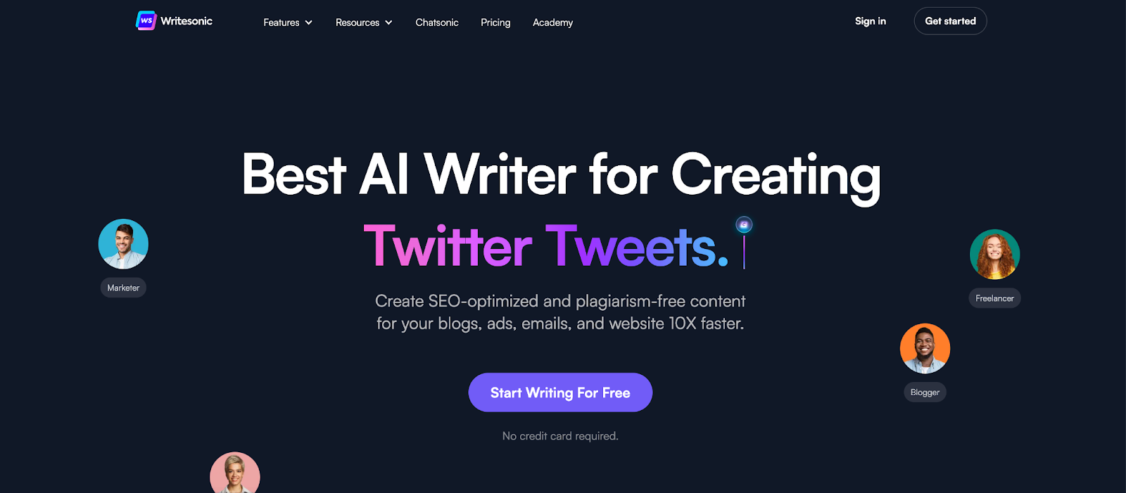 Jasper AI free alternative | writesonic homepage banner with text: best ai writer for creating twitter tweets