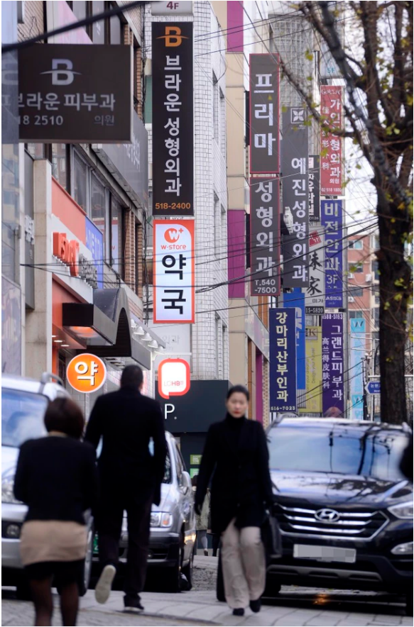 Tại Hàn Quốc, nhất là các con đường của quận Gangnam, hầu hết các tòa nhà cao tầng đều là các cơ sở thẩm mỹ.