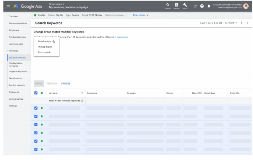 The workflow for switching BMM keywords in Google Ads.