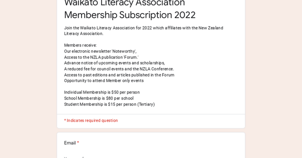 Waikato Literacy Association Membership Subscription 2022