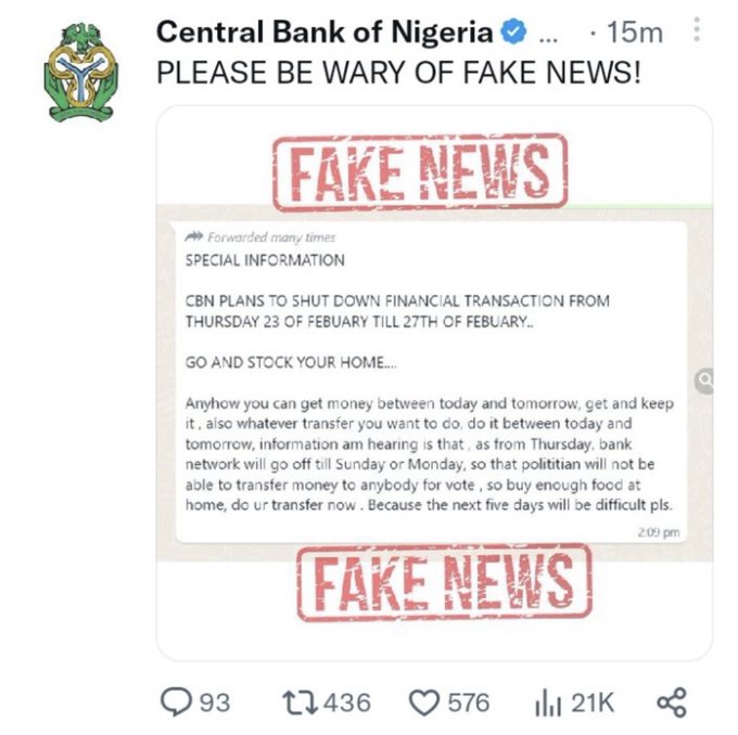Nigeria's Central Bank has since debunked any transaction shutdown 