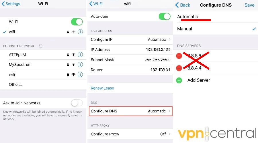 ios configure dns automatic delete dns server