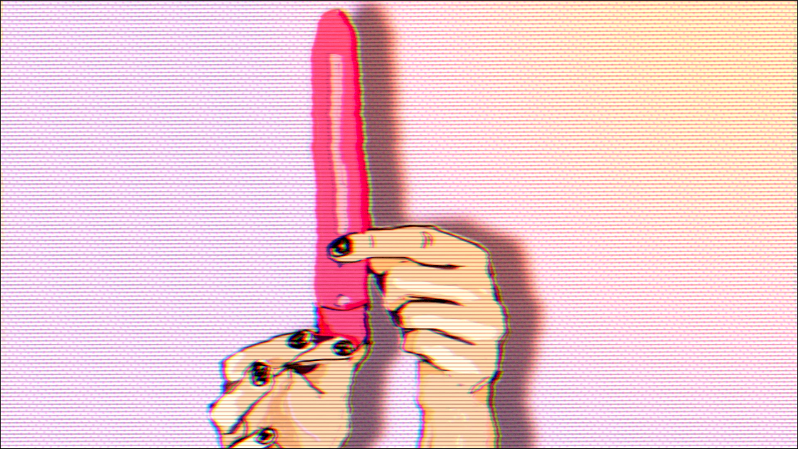 A screen still from Rebel Dykes, featuring an animated pink vibrator being held gently by a pair of hands that are cut off by the image's frame.