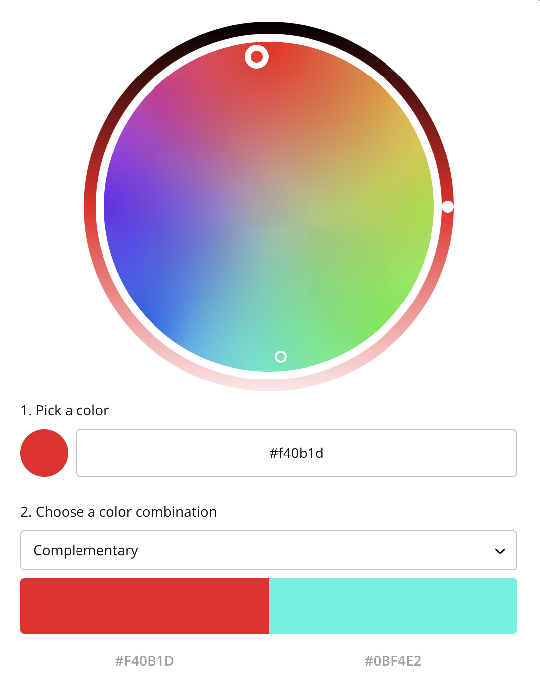 A color wheel showing an example of a complimentary color scheme