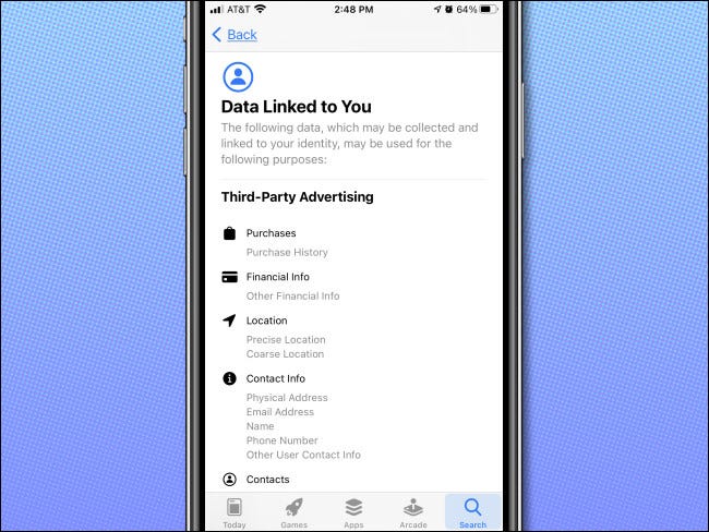 An example of the App Privacy details page in the iPhone App Store.