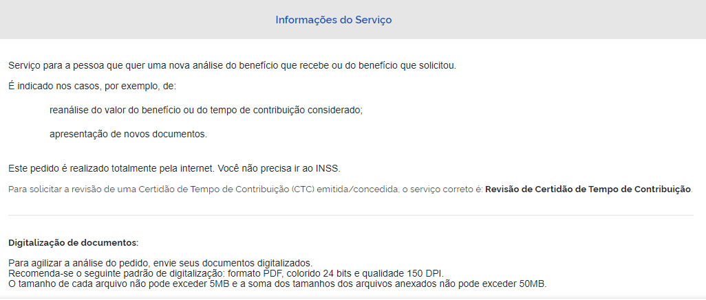 Informações do serviço prestado no Meu INSS.