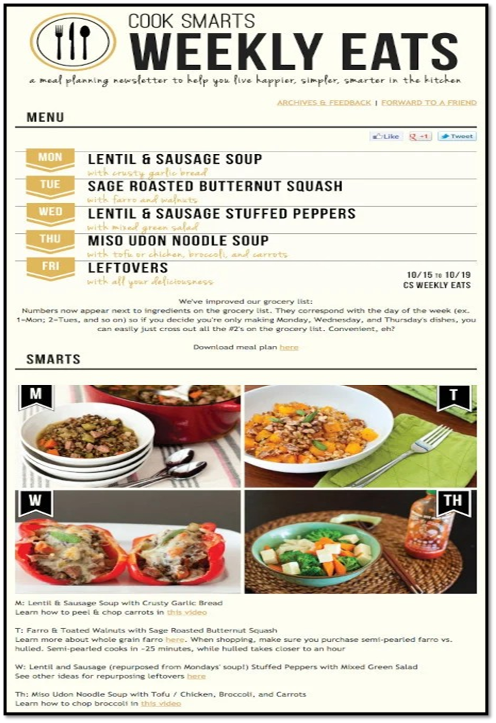 cook smarts email template for their weekly newsletter describe three sections first menu, second how-to's in the kitchen and third is tips
