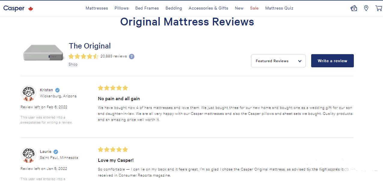 screenshot of reviews page for Casper mattresses