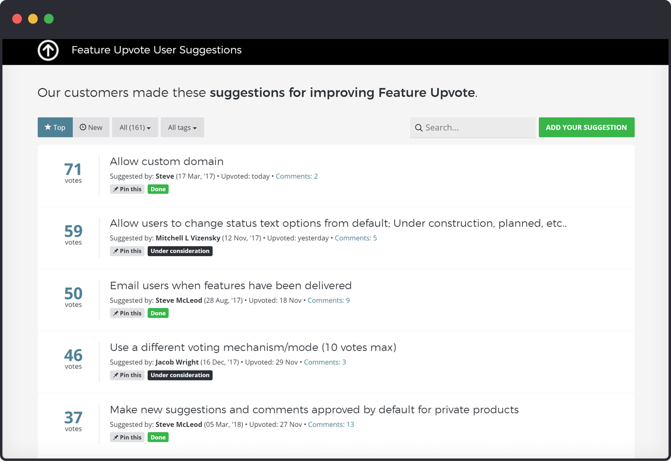 A snapshot of user recommendations for Feature Upvote.